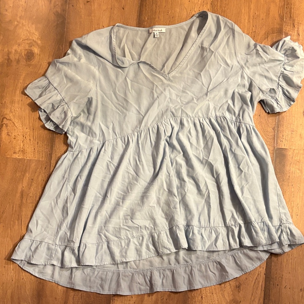 White Birch Sky Blue Ruffle Sleeve Top